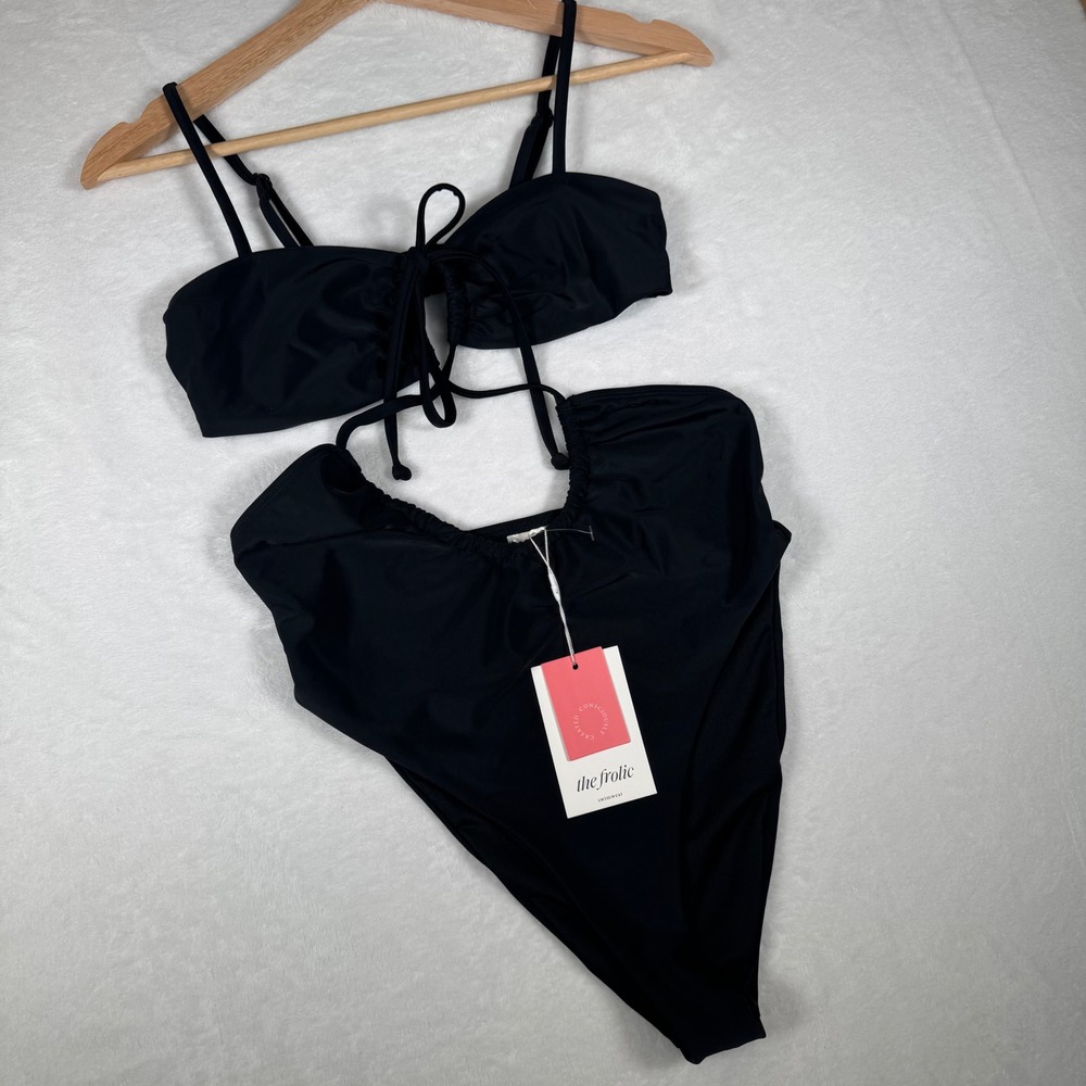 The Frolic Black Tie Front‎ Bikini Set High Waisted Swimsuit NWT Size 4 US